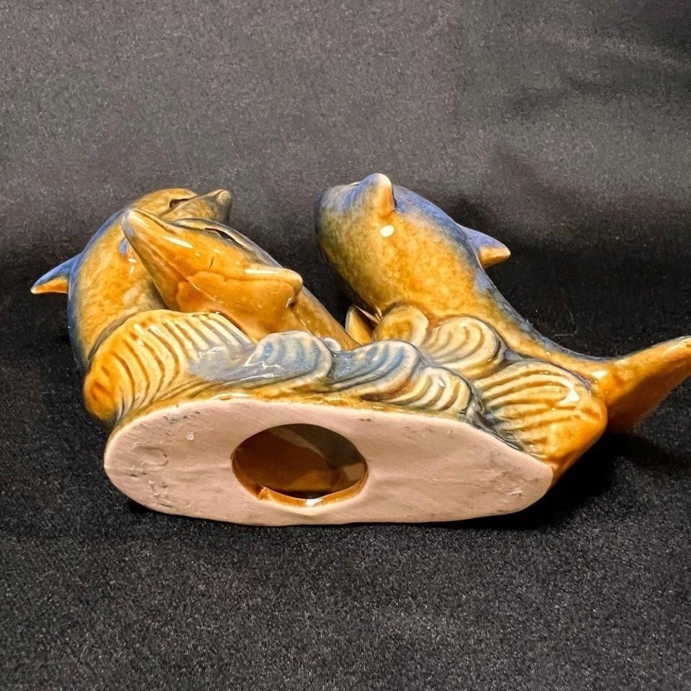 Dolphin family figurine glazed pottery - Picture 5 of 7